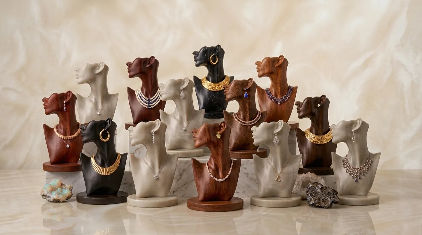 An assortment of Nadilini necklaces and earrings displayed on wooden and marble busts, with raw gemstones at their feet