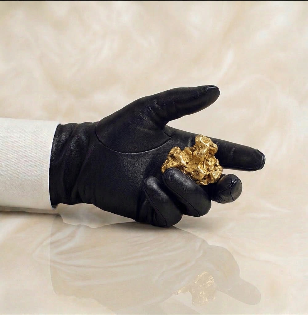 A gloved hand holding a raw gold nugget